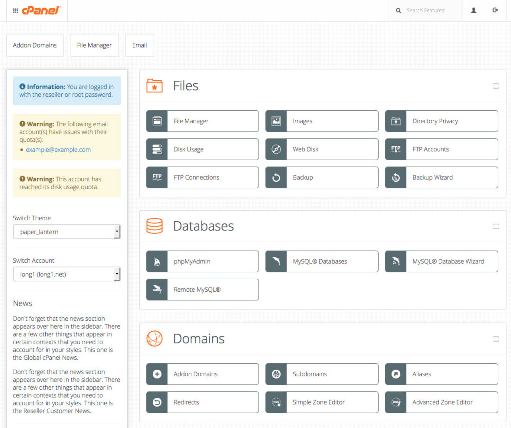 cPanel UI Screenshots 1