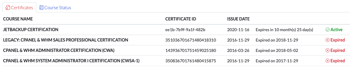 cPanel University Certificate Search Results