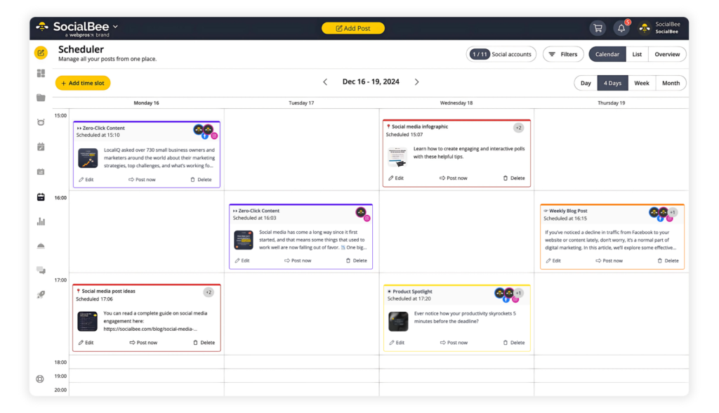 SocialBee post scheduler interface showing a calendar view for the week of December 16-19, 2024. Scheduled posts are displayed on different days and times as colored cards with details like post title, time, and social media accounts.