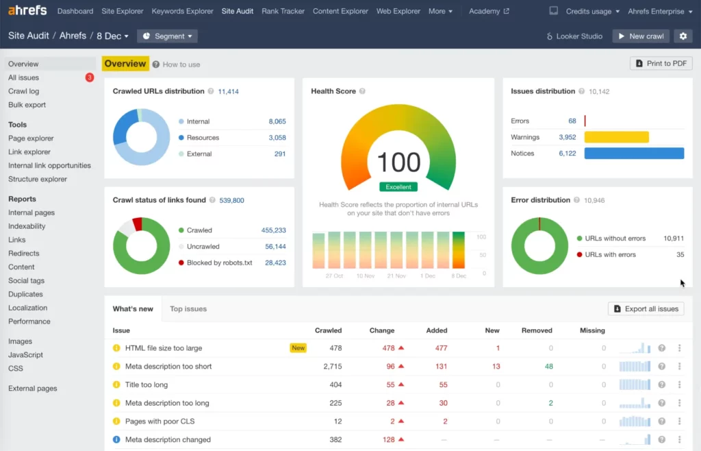 Ahrefs dashboard showing a site audit overview with a health score of 100. It includes URL distributions, issues distribution, and error distribution. Specific issues listed are HTML size too large, missing title tags, and meta description length problems.