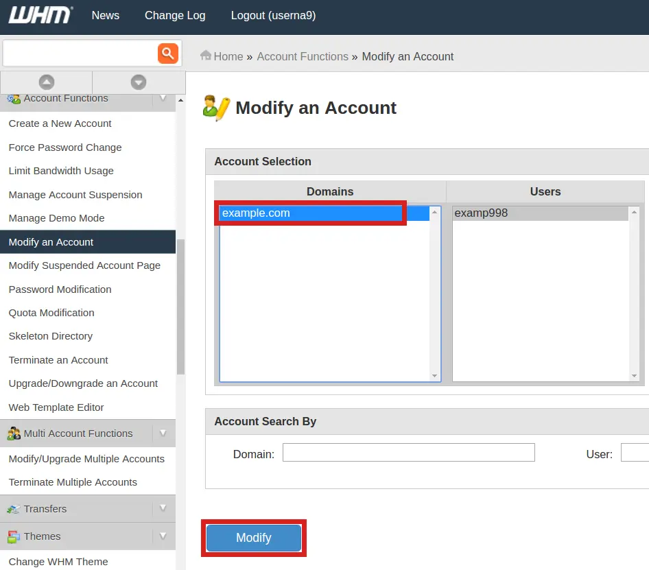 WHM - Manage Accounts - Paper Lantern