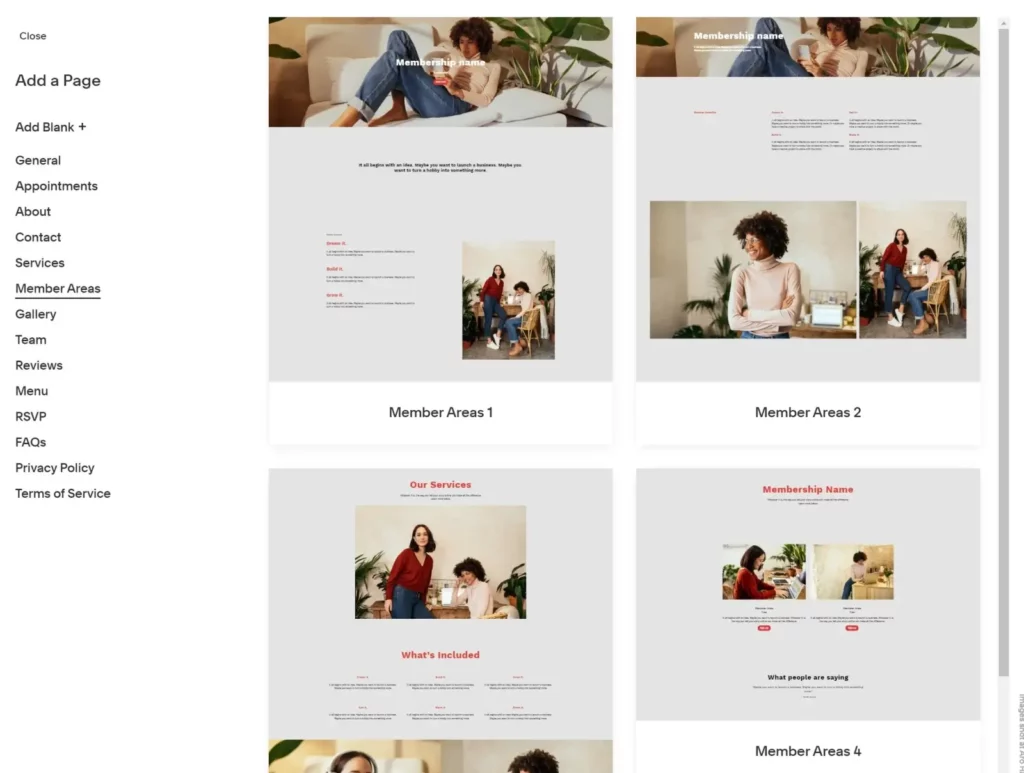Squarespace dashboard with a left sidebar listing site pages including Contact, About, Services, and Team, and the main area displaying a selection of page layout templates with different designs.